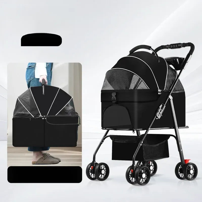 Foldable Pet Stroller with Detachable Carrier and Tray
