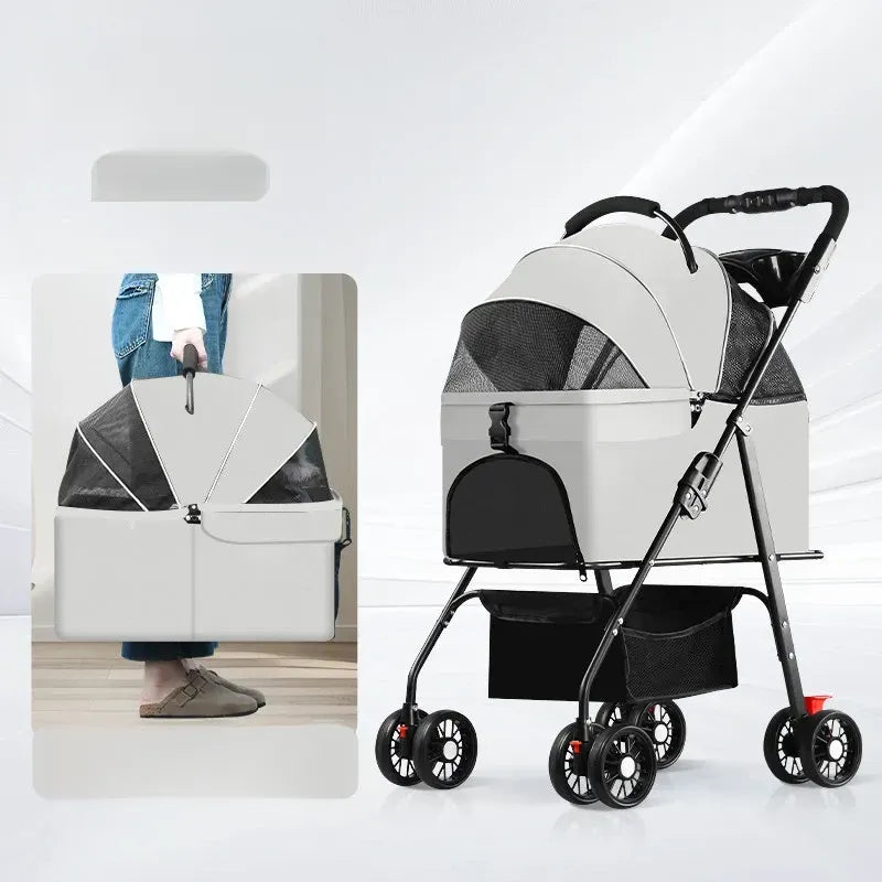 Foldable Pet Stroller with Detachable Carrier and Tray