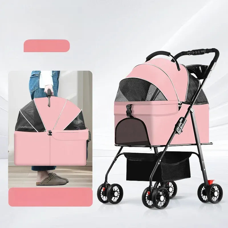 Foldable Pet Stroller with Detachable Carrier and Tray