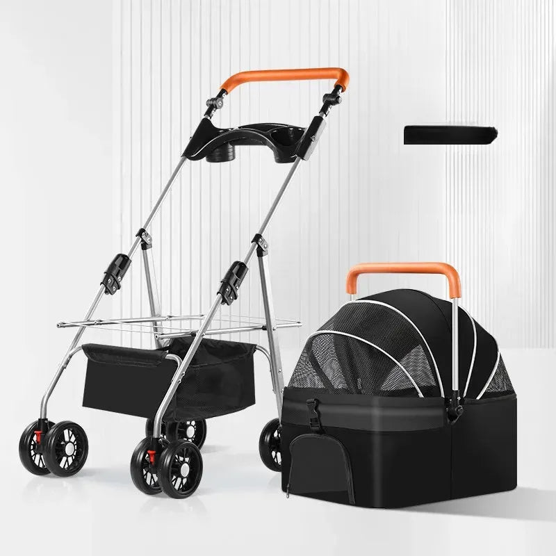 Foldable Pet Stroller with Detachable Carrier and Tray