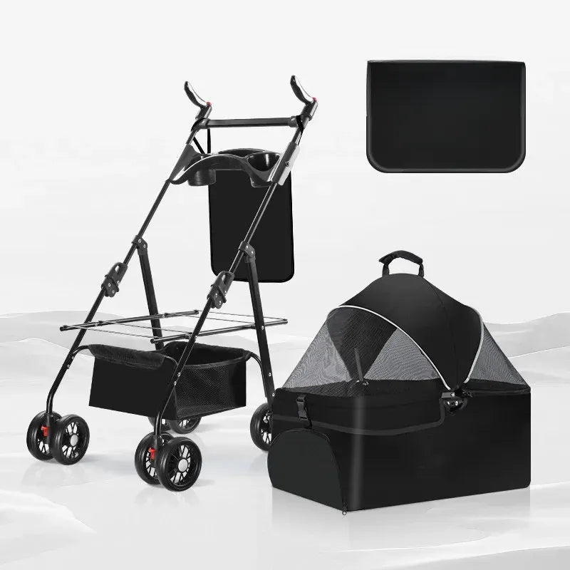Foldable Pet Stroller with Detachable Carrier and Tray