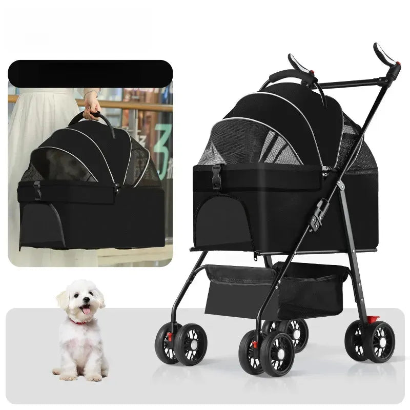 Foldable Pet Stroller with Detachable Carrier and Tray