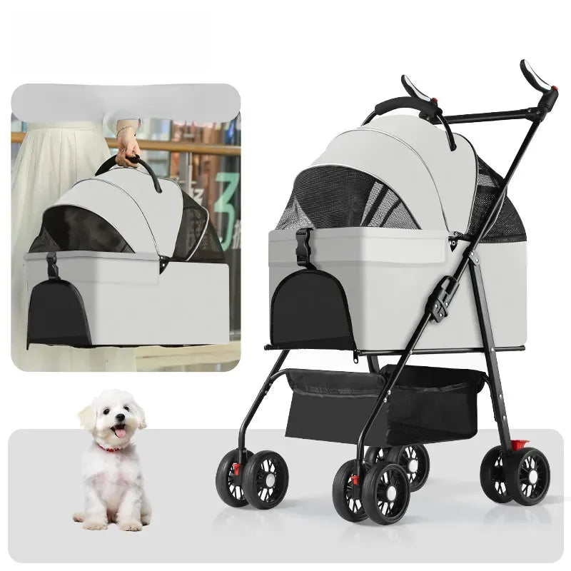Foldable Pet Stroller with Detachable Carrier and Tray