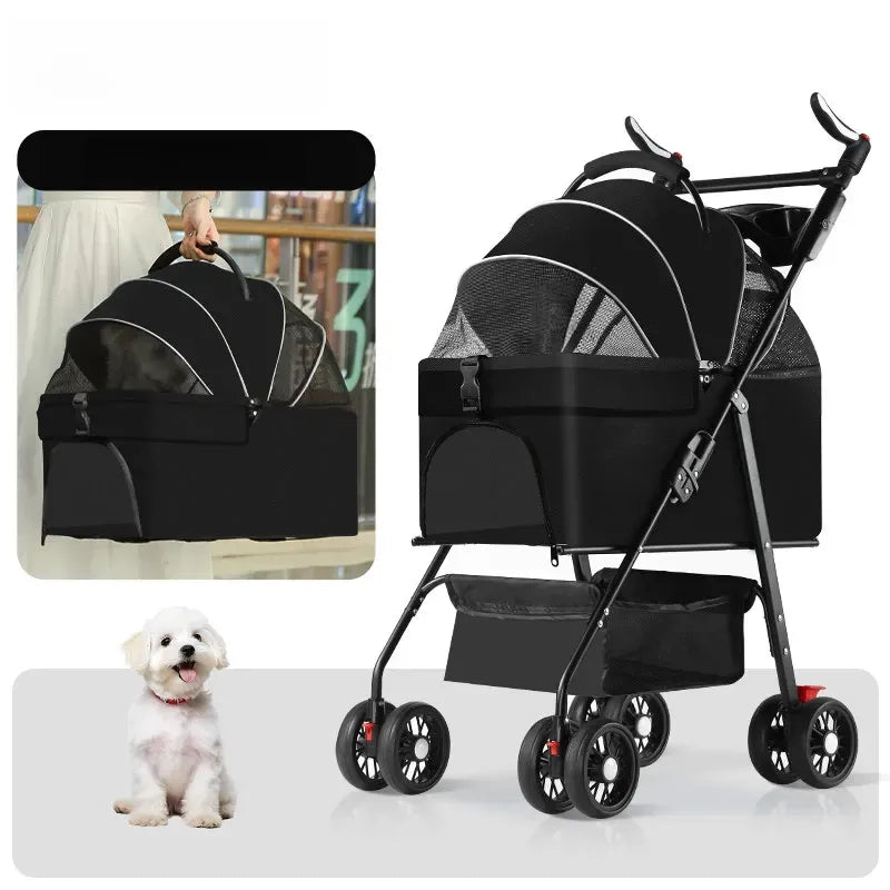 Foldable Pet Stroller with Detachable Carrier and Tray