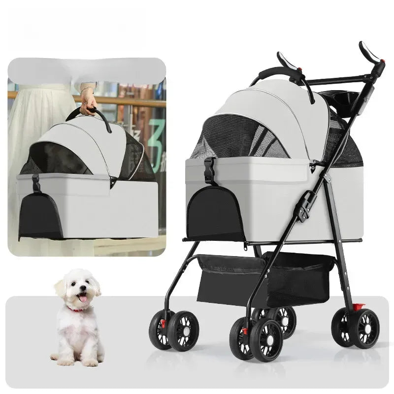 Foldable Pet Stroller with Detachable Carrier and Tray