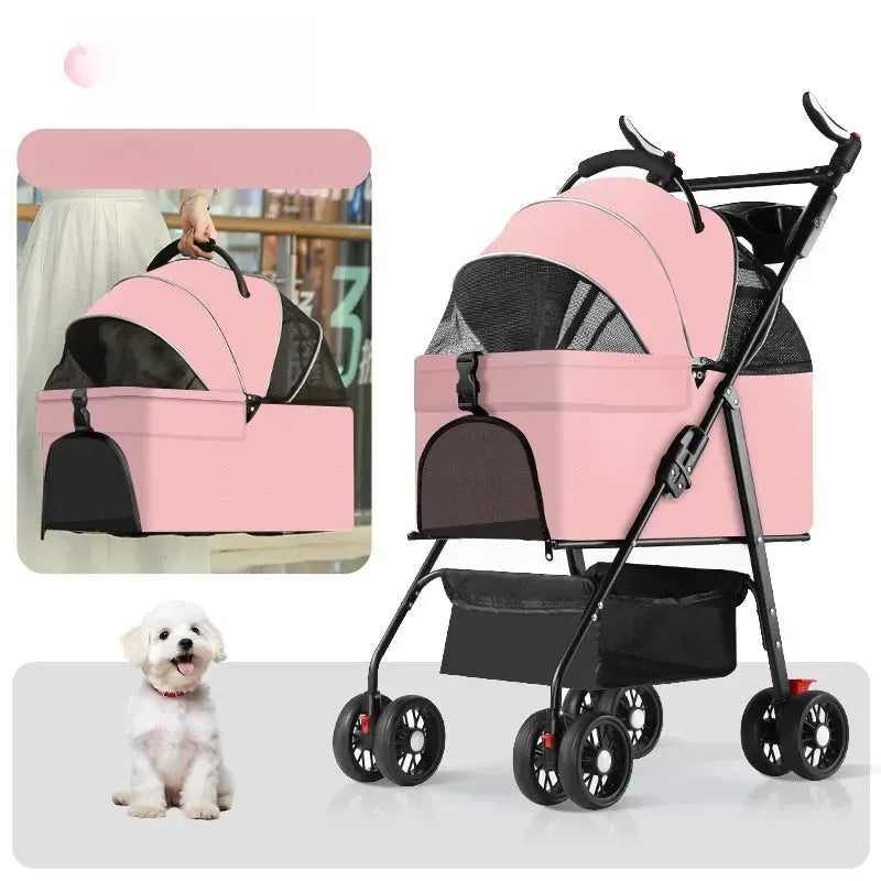 Foldable Pet Stroller with Detachable Carrier and Tray
