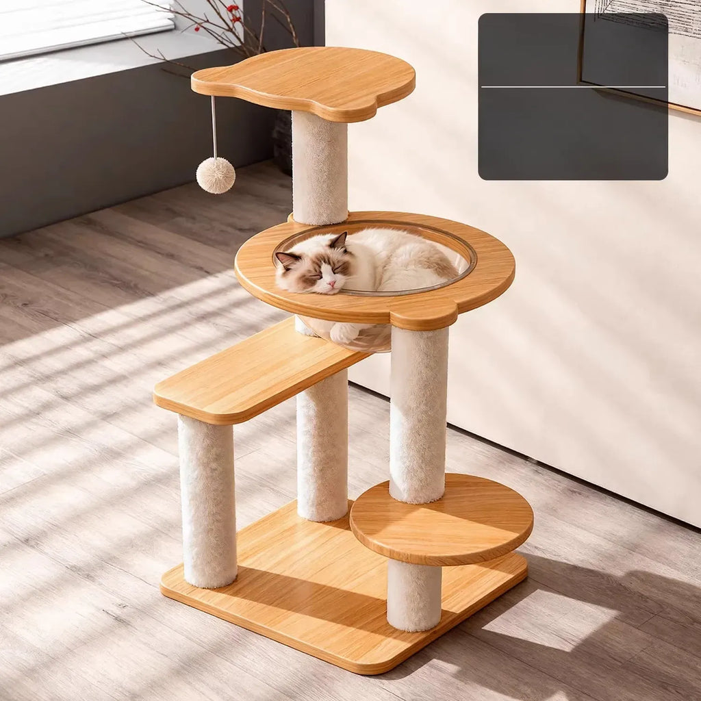 Solid Wood Cat Tree with Enclosed Cat Spaces and Platforms