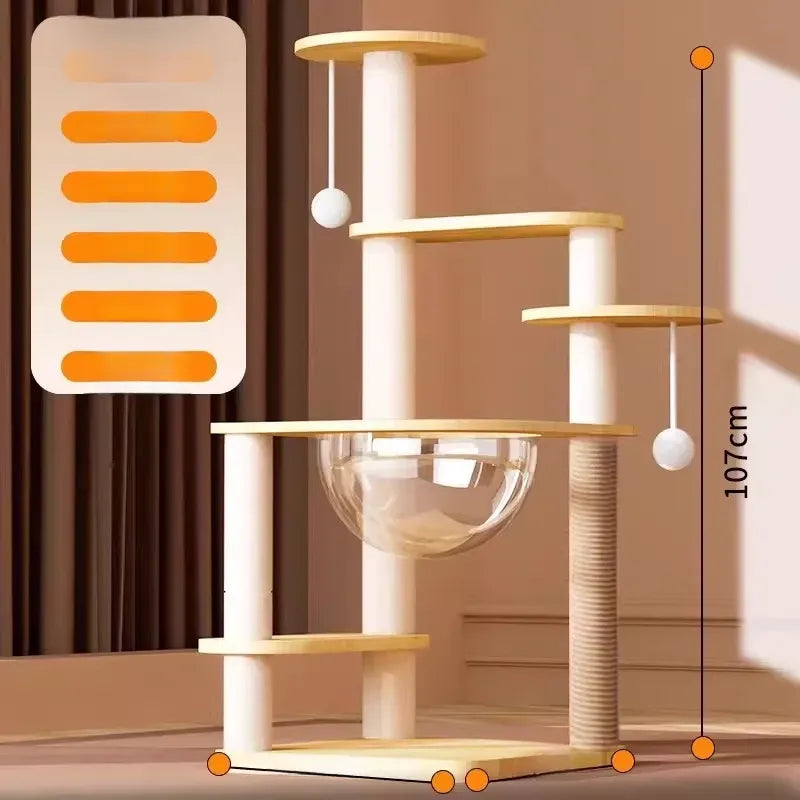 Solid Wood Cat Tree with Enclosed Cat Spaces and Platforms