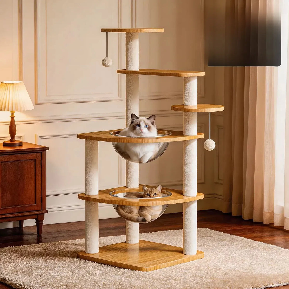 Solid Wood Cat Tree with Enclosed Cat Spaces and Platforms
