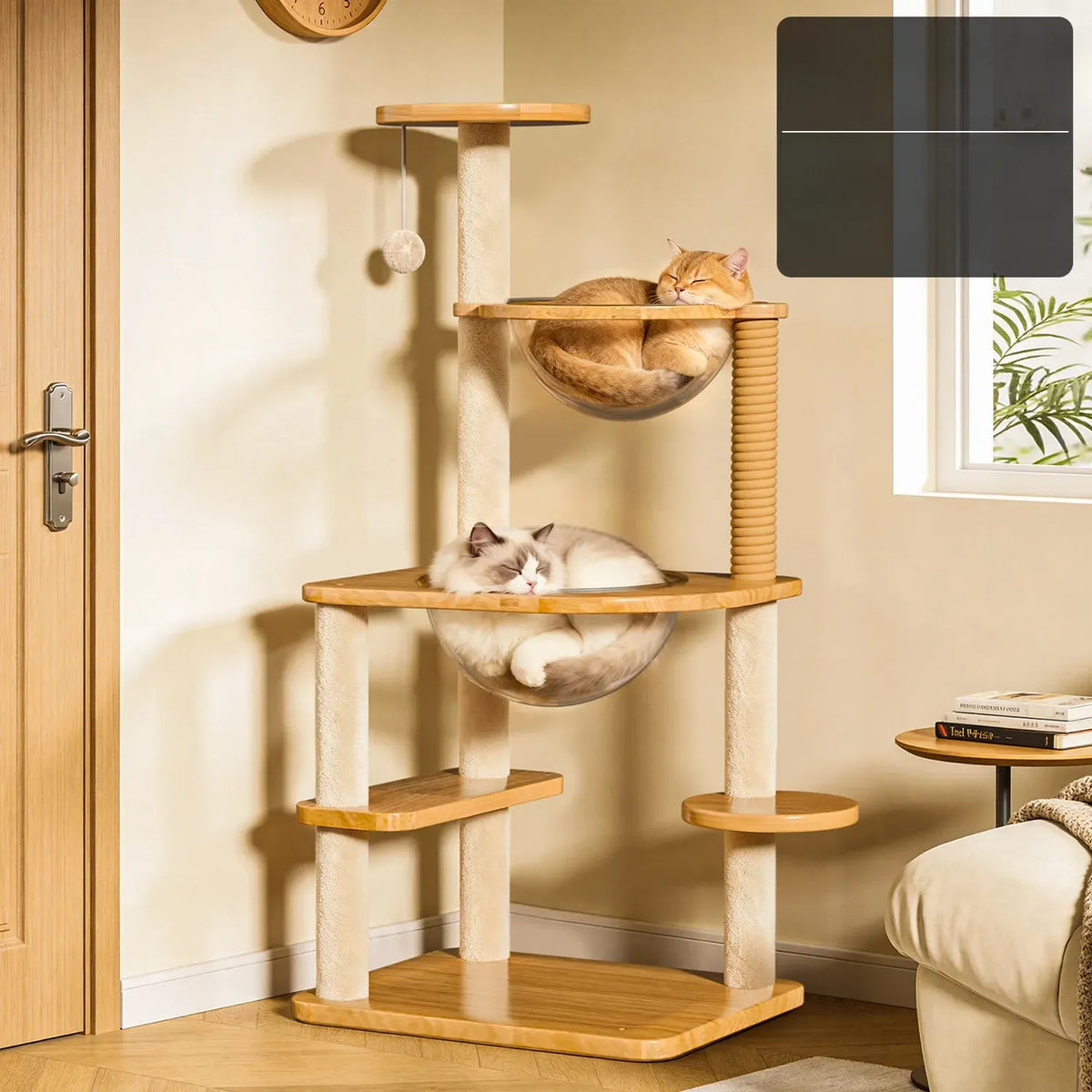 Solid Wood Cat Tree with Enclosed Cat Spaces and Platforms