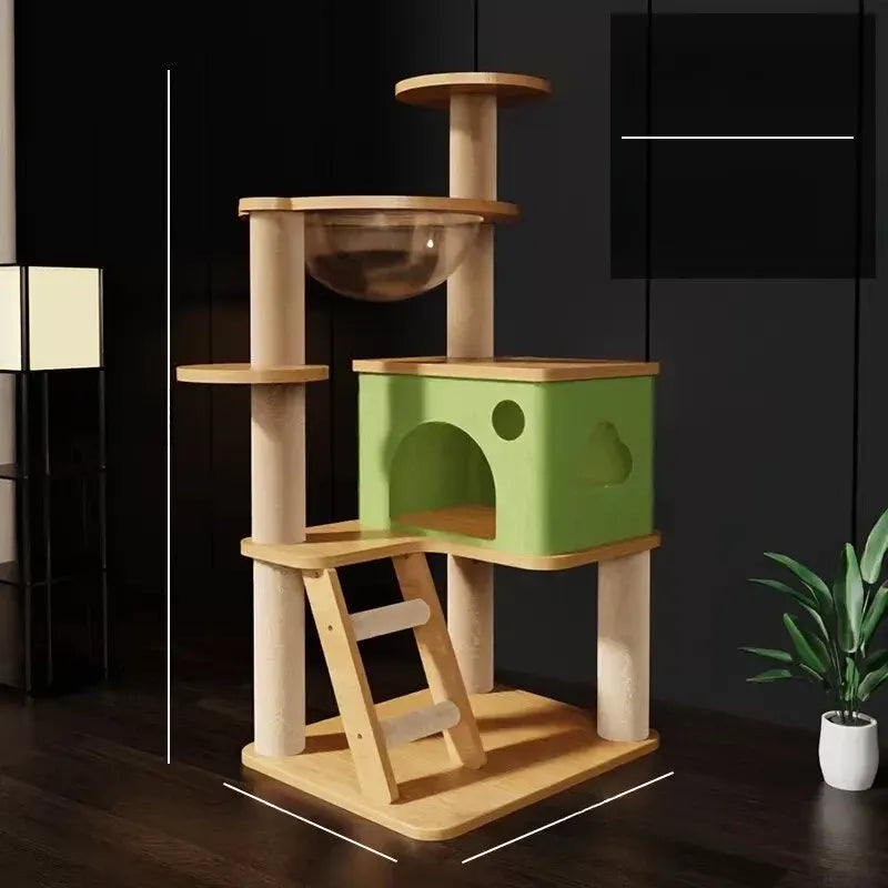 Solid Wood Cat Tree with Enclosed Cat Spaces and Platforms