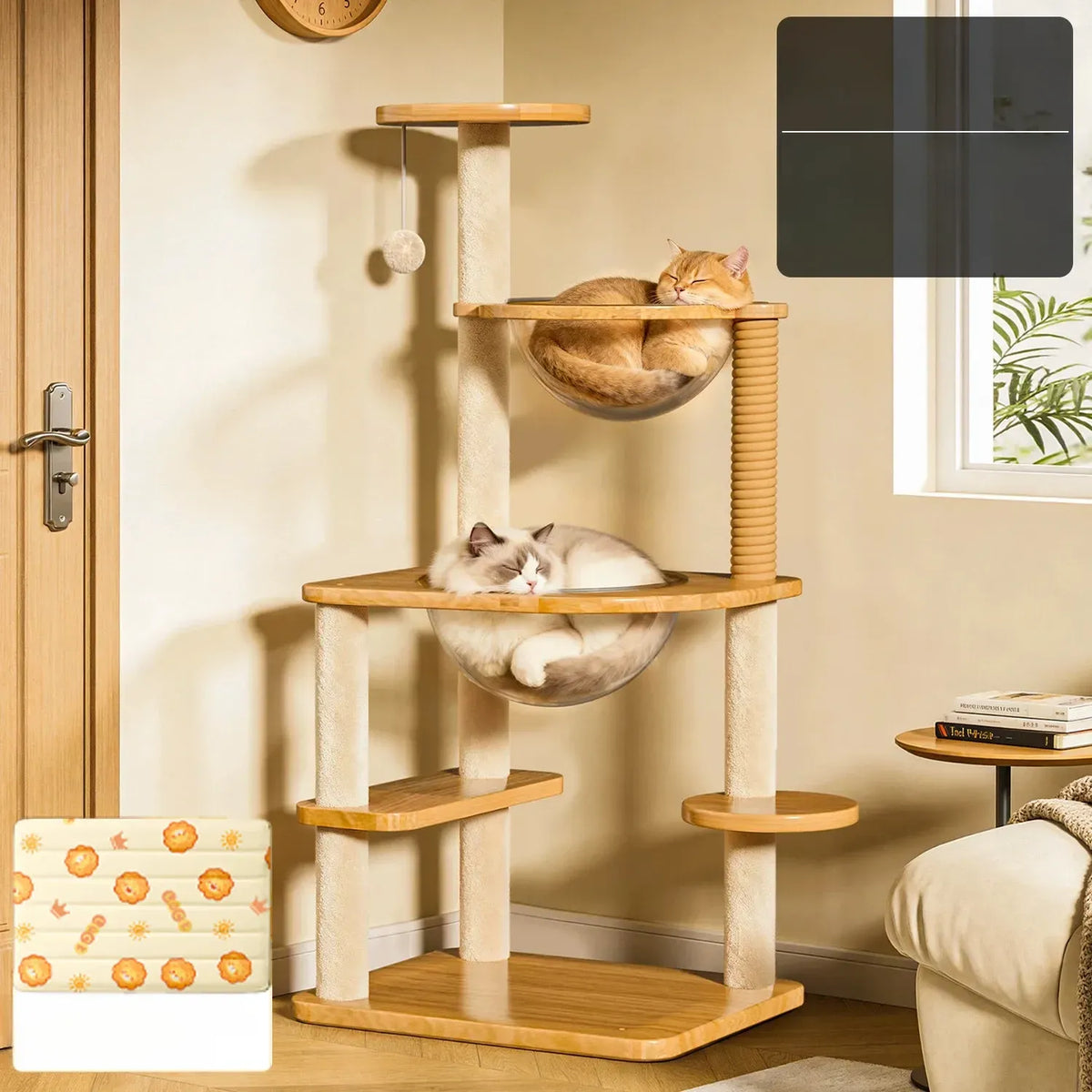 Solid Wood Cat Tree with Enclosed Cat Spaces and Platforms