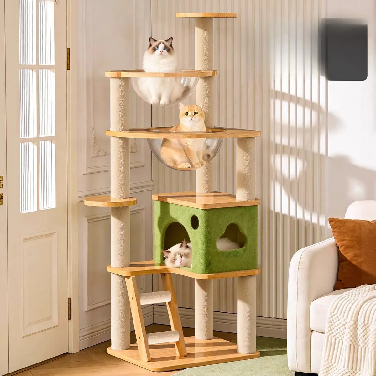 Solid Wood Cat Tree with Enclosed Cat Spaces and Platforms