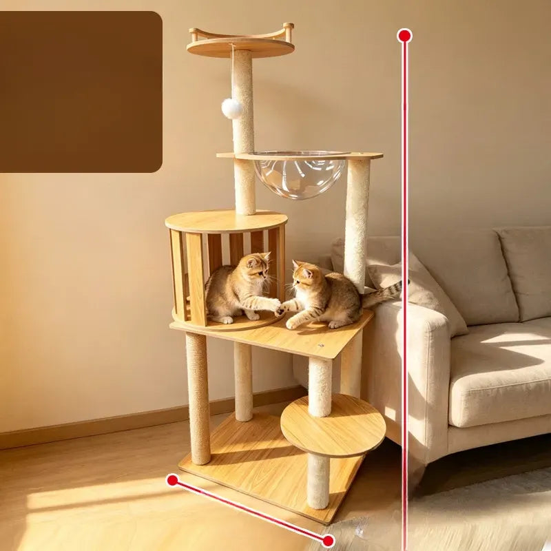 Large Wooden Cat Tree with Cat House, Scratching Post & Capsule Perch