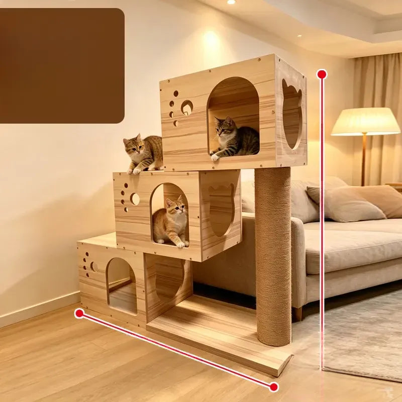 Large Wooden Cat Tree with Cat House, Scratching Post & Capsule Perch