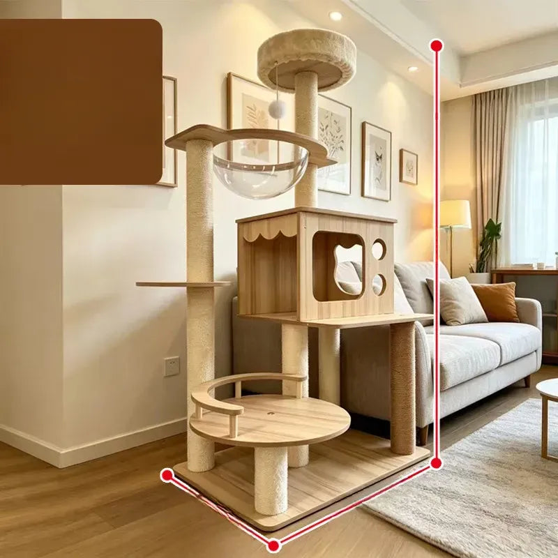 Large Wooden Cat Tree with Cat House, Scratching Post & Capsule Perch