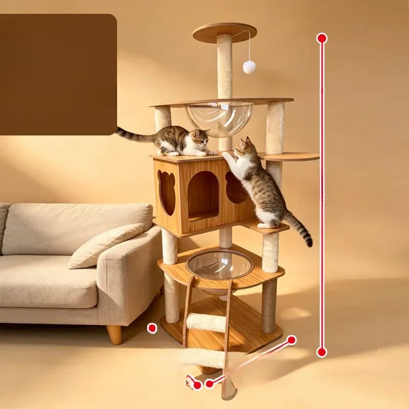 Large Wooden Cat Tree with Cat House, Scratching Post & Capsule Perch