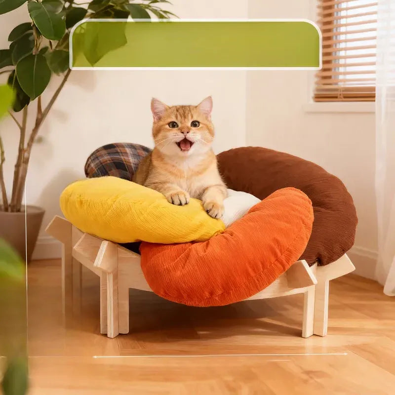 Flower-Shaped Pet Bed with Wooden Stand for Cats & Small Dogs